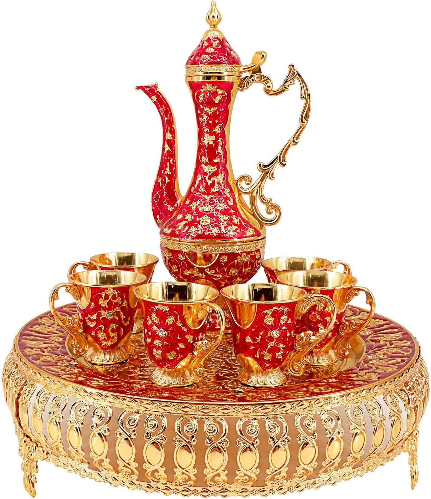 Turkish Coffee Cup and Tea Pot Set Including Teapot,Tea Tray,6 Metal Cups,Tea Service Set for Tea Table Decor,Hip Flask,Gift (Red and Gold)