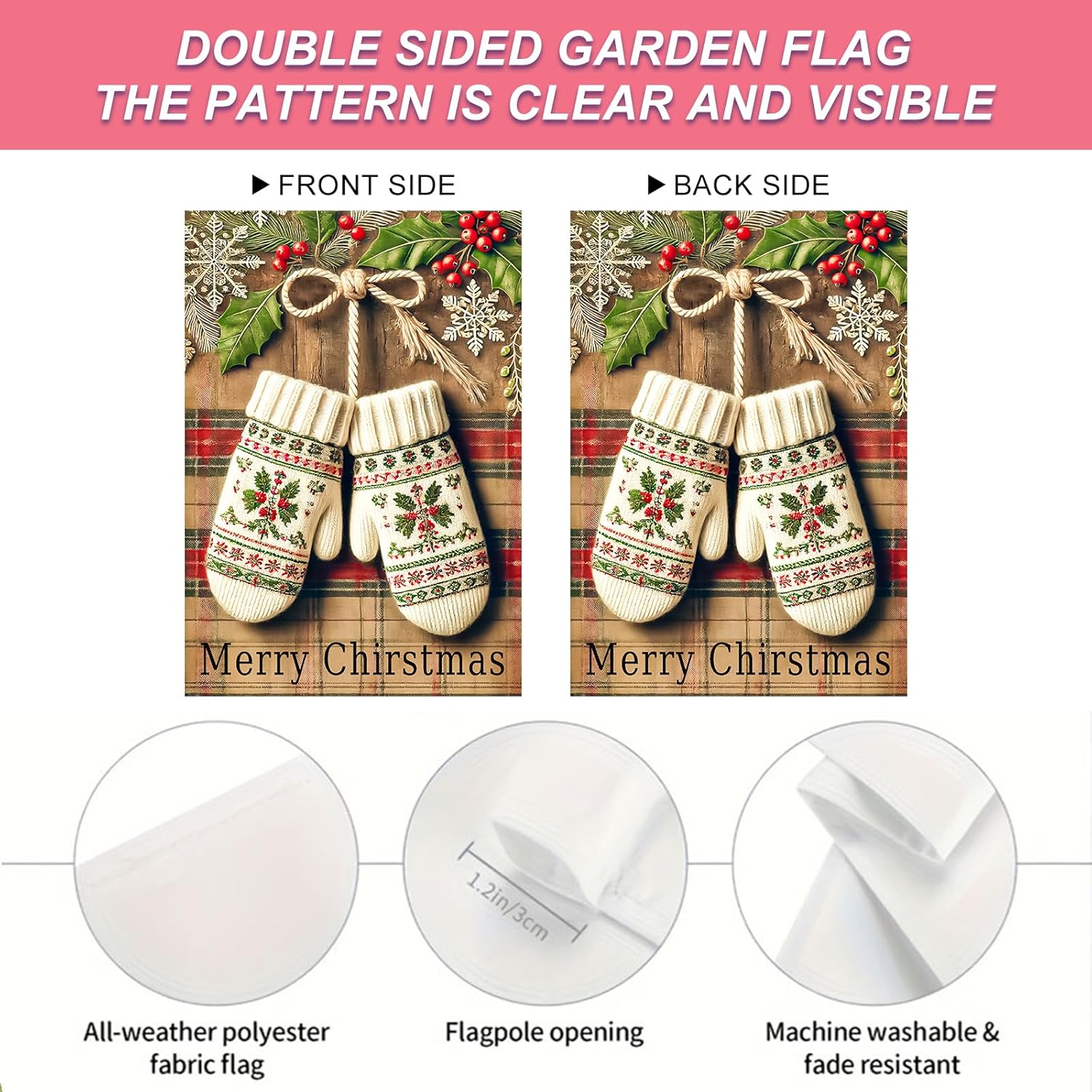 Christmas Garden Flag 12x18 Inch Welcome White Mittens Plaid Yard Flag Double Sided Holiday Outdoor Banner with Holly and Snowflakes for Winter Porch Lawn Patio - Image 4