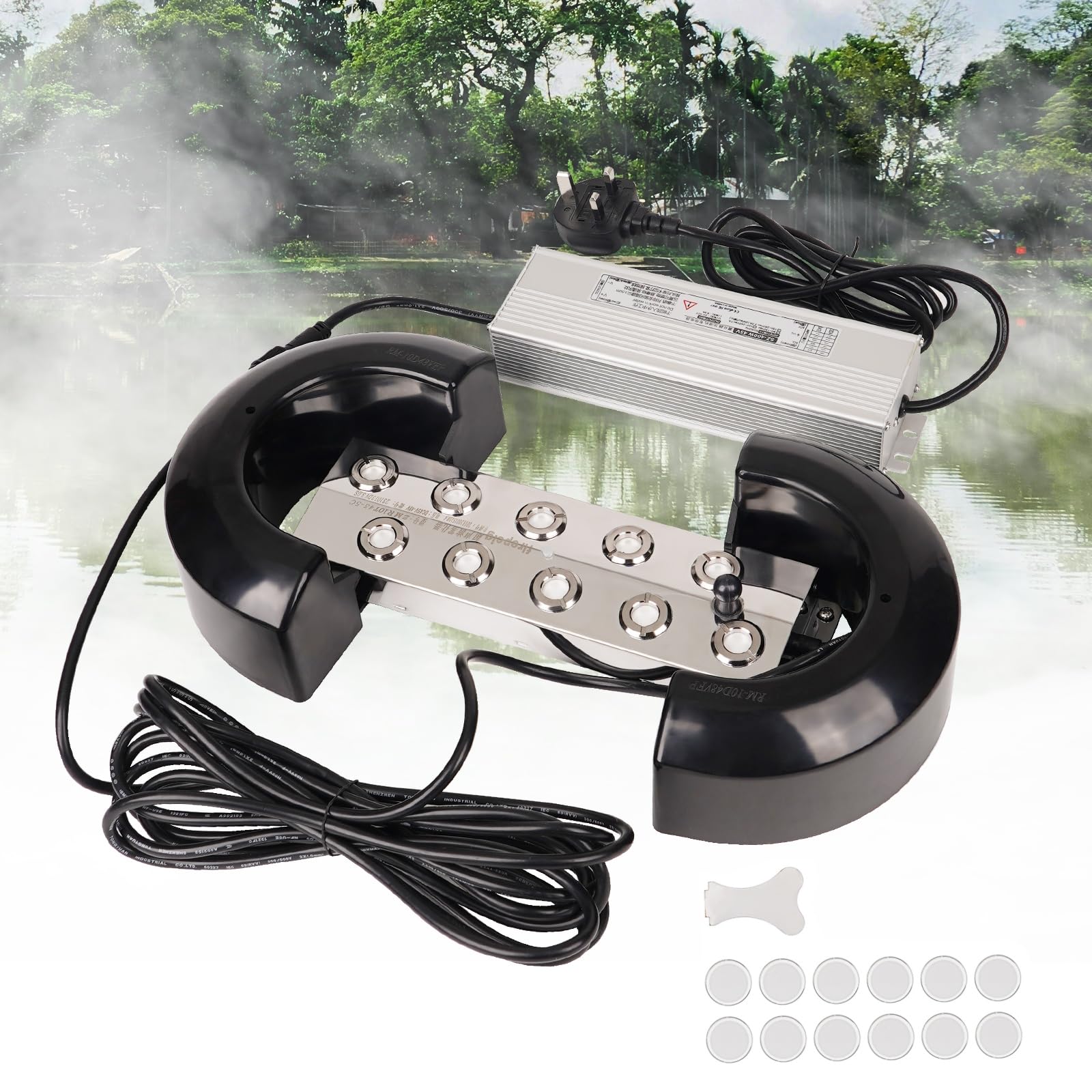 10 Head Fogger Maker 7L/H Pond Ultrasonic Fogger with IP67 Waterproof Power Supply A pair of Buoys Heavy Mist Maker Garden Mist Air Humidifier for Halloween Christmas Wedding Party