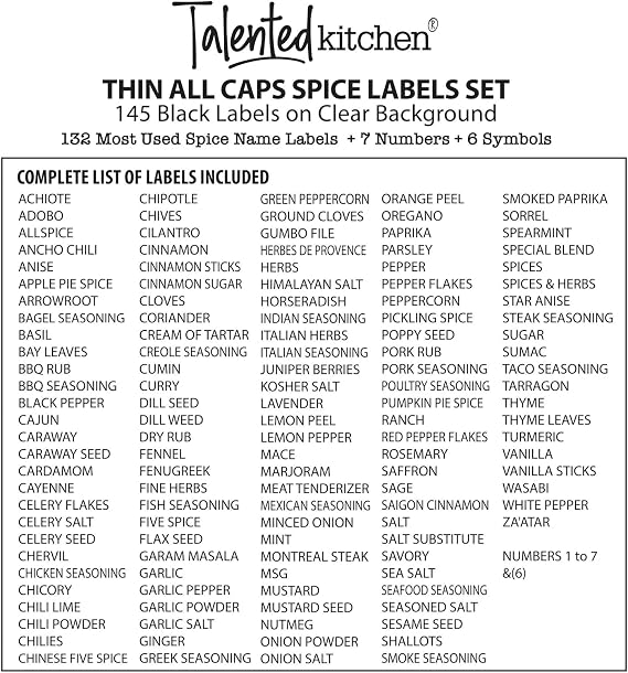 Talented Kitchen Spice Rack Labels White - 145 Clear Vinyl Decals, 1 in H - Pantry Stickers & Herb & Spice Organization Set for Kitchen Storage