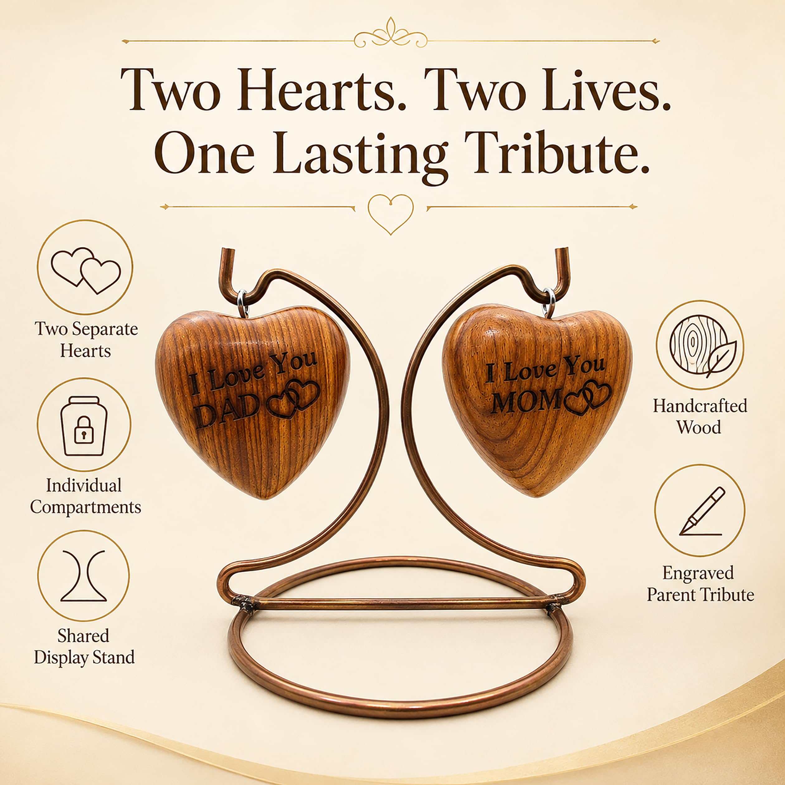 Urna de recuerdo de madera de doble corazón, pequeña urna de cremación hecha a mano para cenizas homenaje a tu mamá y papá, perfecta para tus seres queridos con soporte de exhibición con grabado "I
