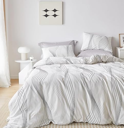 SUSYBAO Juego de funda de edredón de rayas abstractas tamaño King, 100% algodón, funda de edredón a rayas negras, juego de 3 piezas, 1 funda de