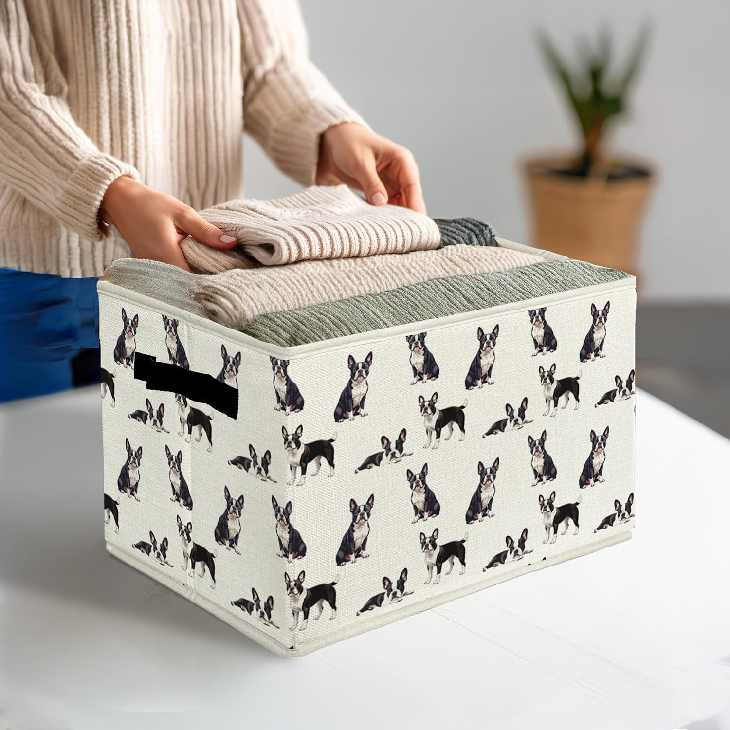 Boston Terrier Gifts Storage Bins & Boxes with Handles, Dog Foldable Basket for Organizing Dog Lovers,Boston Terrier Christmas Collapsible Laundry Hampers for Bedroom Bathroom Clothes Toys Books image 3
