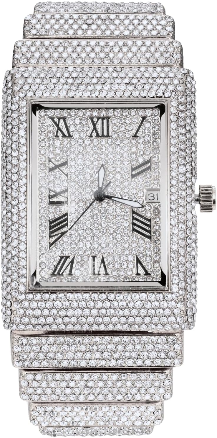 Halukakah Watch for Men - Moissanite Diamond Iced Out - Luxury 18k Real Gold/Platinum White Gold Plated,Japanese Quartz,45*35mm Rectangle Dial with Calendar,Heavy-Made,8" Wristband -Comes with Giftbox