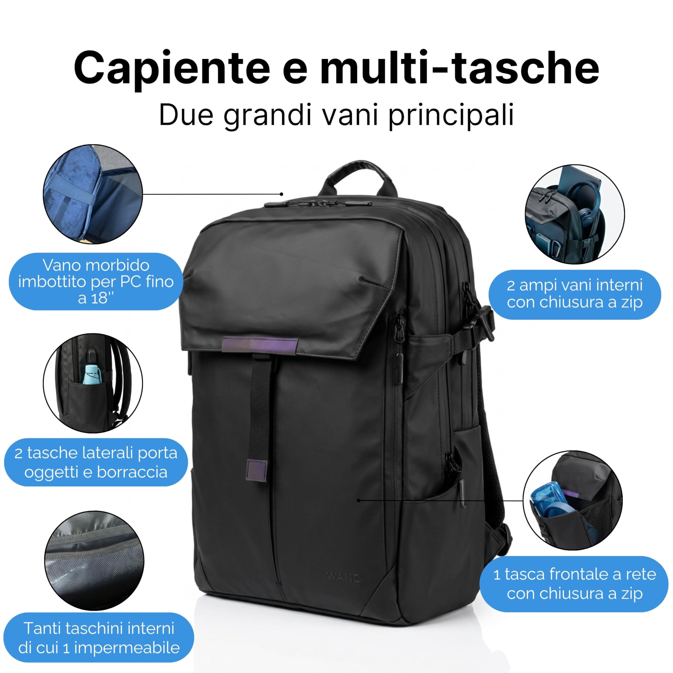 MASC Zaino da Viaggio Multitasche Impermeabile ed Ergonomico 27L, ideale come Zaino da Lavoro Porta PC 18’’, Elegante per l’Ufficio