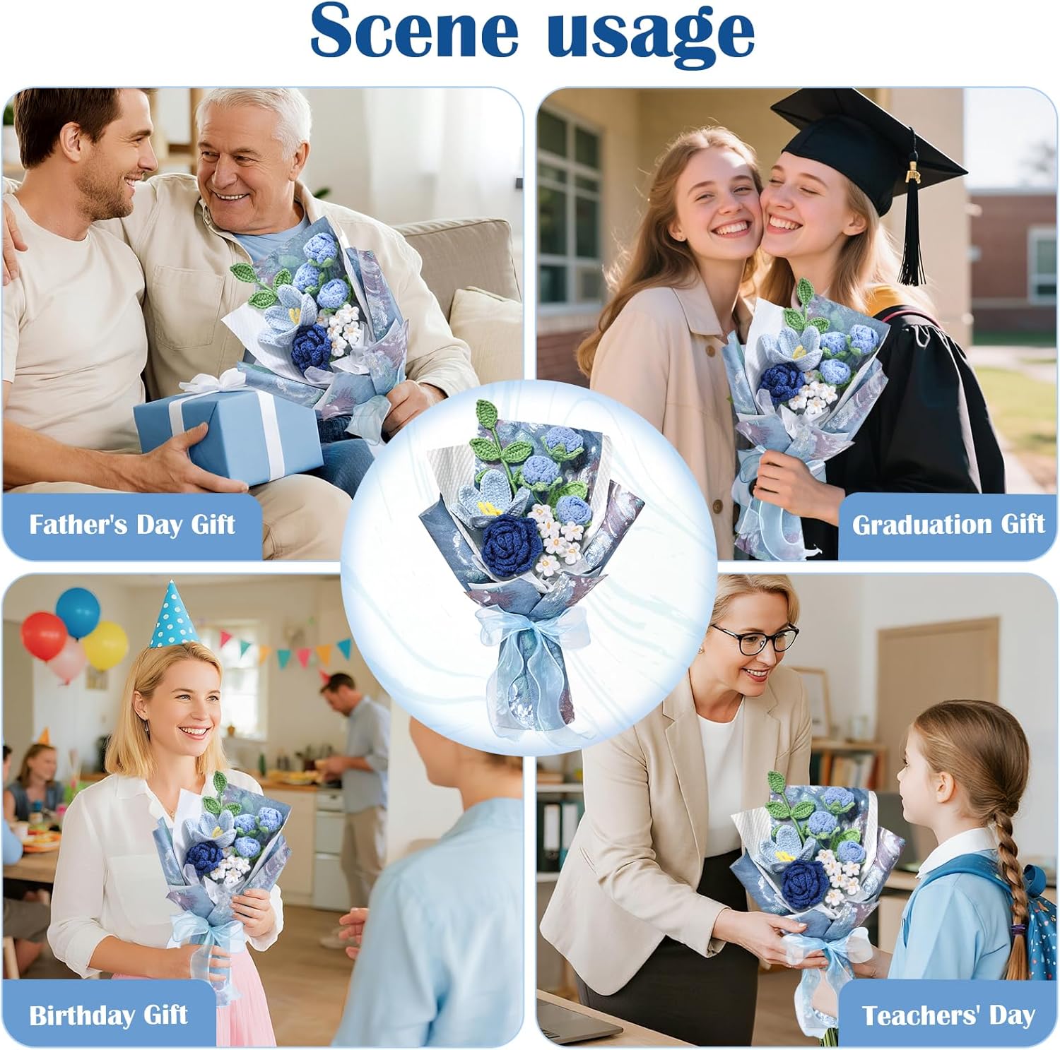 Serwalin Crochet Flower Bouquet, Blue Handmade Knitted Flowers, Crochet Roses Tulips Flowers for Lover Teacher Anniversary Birthday Party Graduation Gifts for Her, Girlfriend, Wife(Include Card) - Image 3