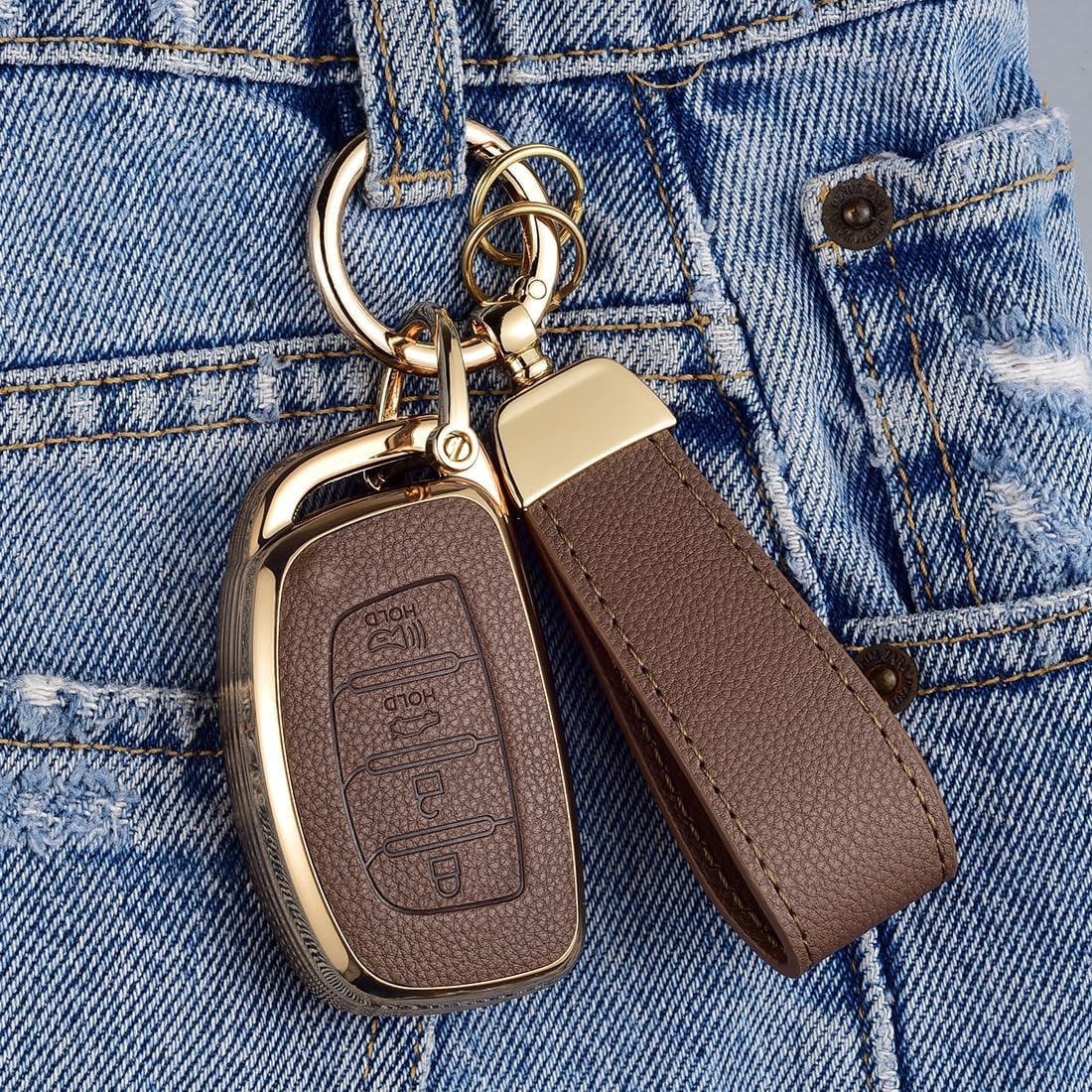 Key Fob Cover for Hyundai with Key Chain, Upper Leather + Soft TPU Key Cover Case Shell for Hyundai Elantra GT Ioniq Sonata Tucson 4 Buttons (Brown)