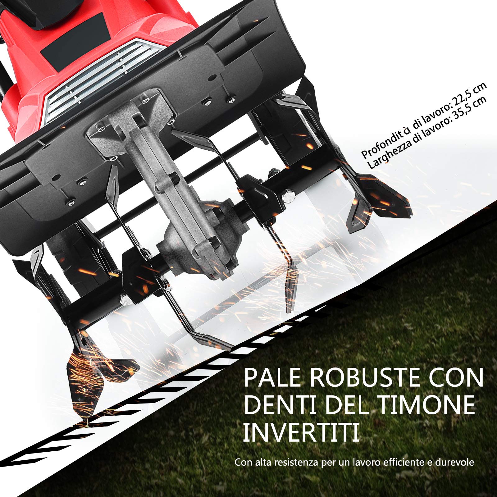 COSTWAY Motozappa Elettrica 1200W/1500W, Zappatrice Elettrica con Maniglia Pieghevole, Ruote Regolabili, 4/6 Lame, Velocità 365/400 PRM, Profondità 22 cm, Larghezza 35/43 cm (Rosso, 1200 W)