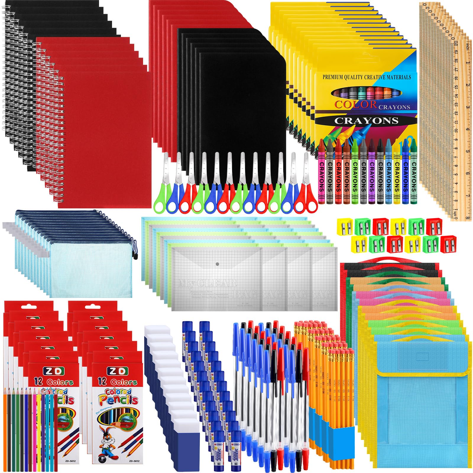 Qilery Schulbedarfs-Set, Schulbedarf, Großpackung, inklusive Büchertasche, Taschen, Notizbücher, Bleistifte, Lineale, Schere, Radiergummi und mehr, für Studenten, Lehrer, Schule, Klassenzimmer,