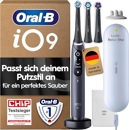 Oral-B iO 9 Black Electric Toothbrush, 3 Brushes, 1 Travel Case Charger, 1 Pouch, 1 Brush Holder - 1