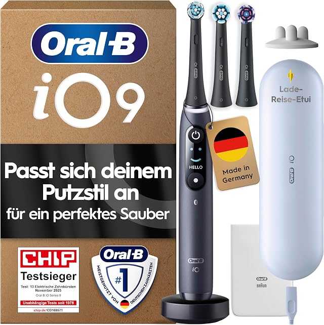 Oral-B iO - unsere fortschrittlichste Technologie mit individuell angetriebenen Borsten und von ZahnärztInnen inspiriertem runden Bürstenkopf | Inkl. 3 Aufsteckbürsten, Lade-Reise-Etui, CHIP Testsieger (11/25), Electric Toothbrush mit 7 Modi Für Zahnpflege