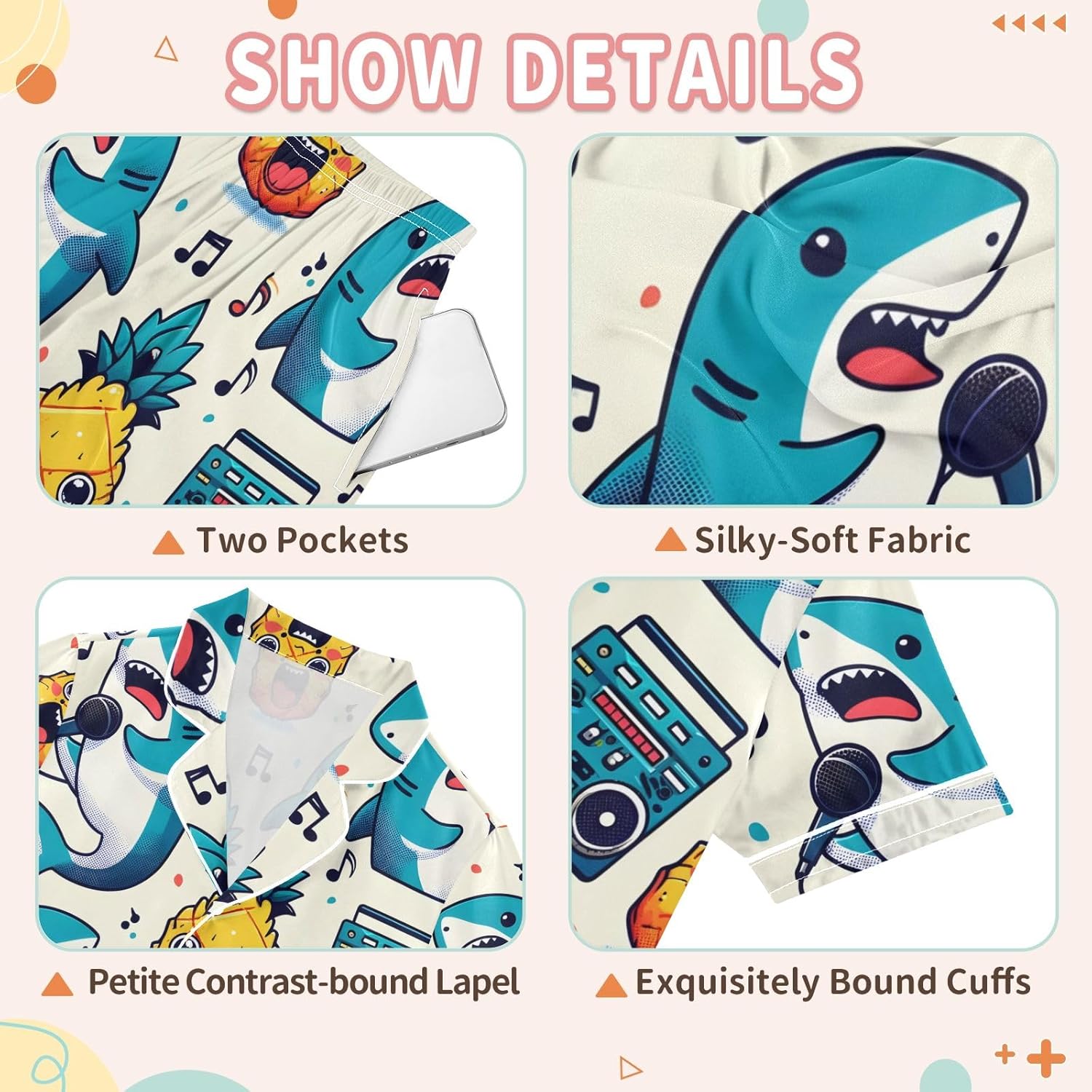 Kids Casual Satin Wear Set Shark Singing Pineapple Sound System Unisex Short Sleeve Clothing for Relaxing