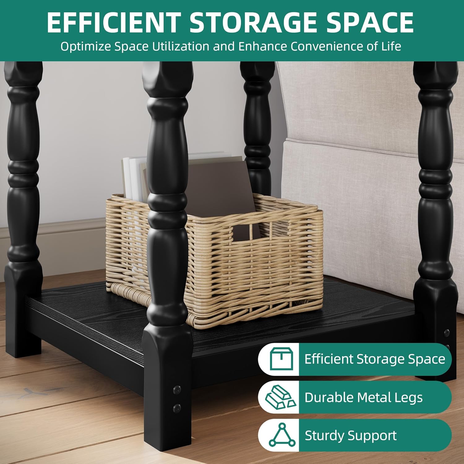 YITAHOME Farmhouse Square End Table, Antique Accent Table with Floor Shelf, Side Table w/Dual-Tier Storage and Heavy-Duty Frame for Living Room Bedroom & Couch, Black