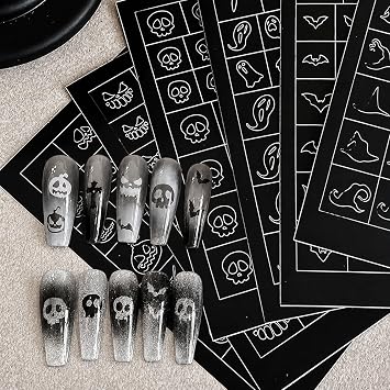 Halloween Airbrush Stencils Nail Sticker, Skull Ghost Bat Nail Art Stickers Nail Stencils Decals, Holiday Design Hollow Nail Guides Decal for Women Decoration DIY Tools 6Pcs