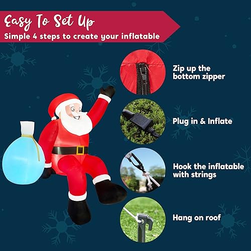 Miniatura 6 de JOIEDOMI Papá Noel inflable de Navidad de 10 pies con bolsas de regalo, decoraciones al aire libre, Papá Noel gigante sentado en el techo con LED