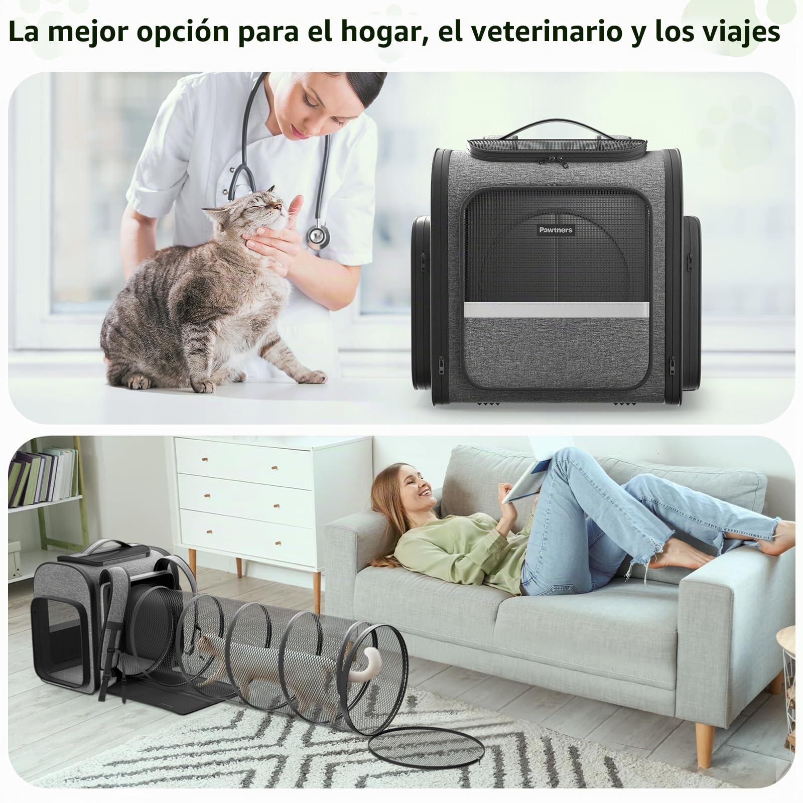 Pawtners Mochilas transportadoras para Gatos con túnel de Juego expandible para Gatos, Mochila para Mascotas aprobada por aerolíneas para Perros pequeños y Gatos Grandes de hasta 25 Libras,