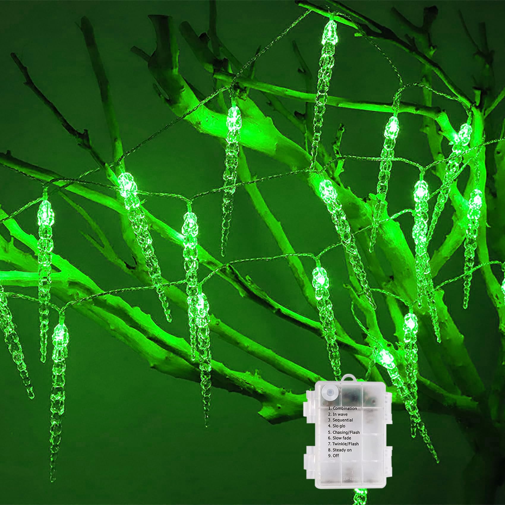 Guirnalda de luces navideñas de carámbanos a pilas, 10M/80LED de cristal acrílico, con múltiples modos, ideal para fiestas navideñas, jardines (verde)