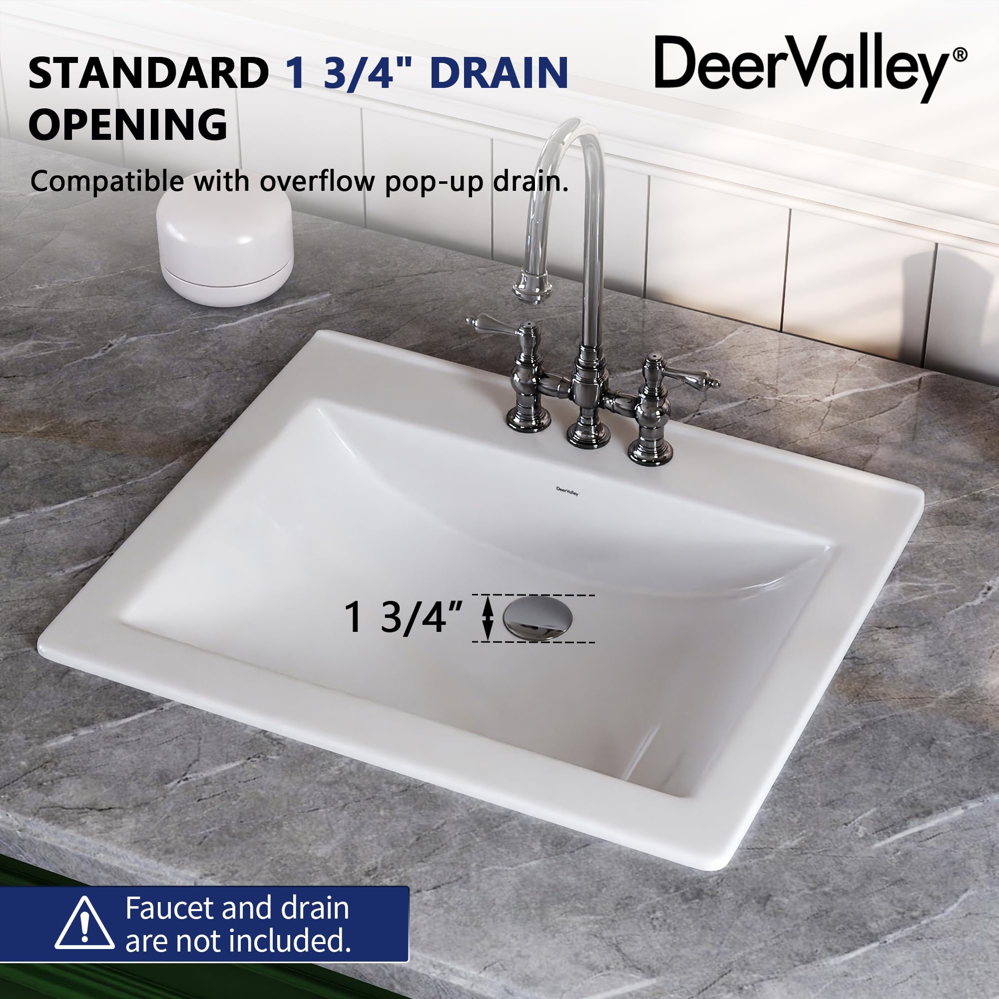 DeerValley Fregadero rectangular de cerámica de 53 x 45 cm, lavabo bajo encimera con desbordamiento, lavabo de tocador blanco, DV-1DS0122