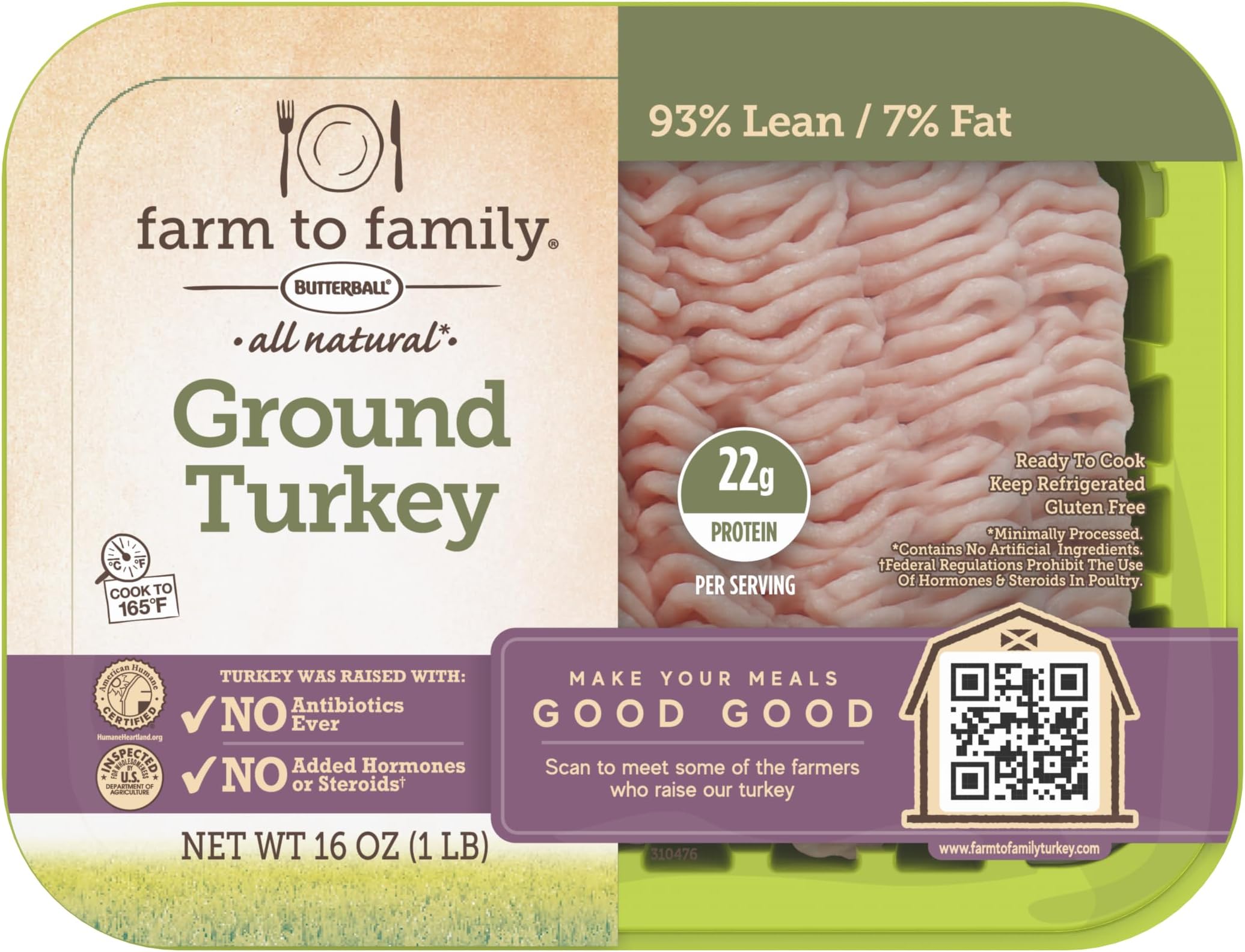 Farm to Family by Butterball, Fresh 93%/7% Lean Ground Turkey, No Antibiotics Ever, 1 lb