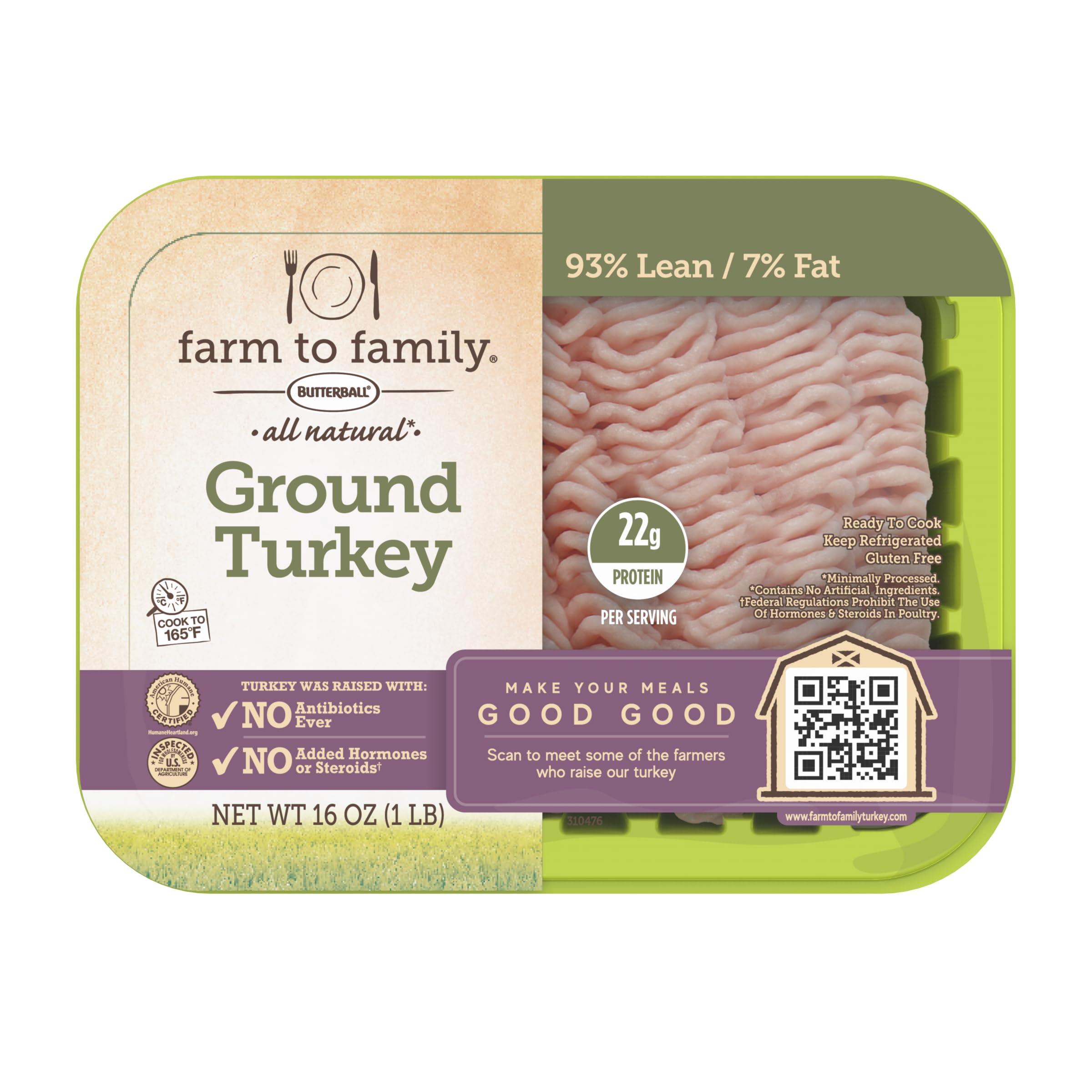 Farm to Family by Butterball, Fresh 93%/7% Lean Ground Turkey, No Antibiotics Ever, 1 lb