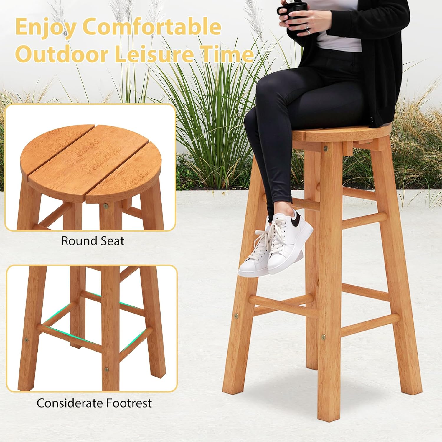 Tangkula Outdoor Wood Bar Stools Set of 2, Counter Height Backless Patio Barstools with Round Seat, Footrest, for Garden, Backyard, Balcony, Poolside, Natural (1,24 inches)