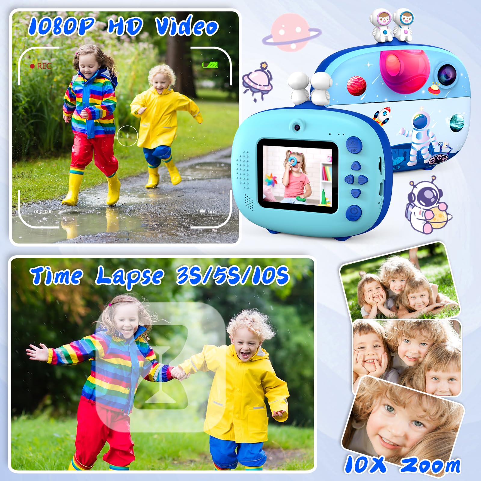 CHAKEYAKE Macchina Fotografica Bambini Istantanea,2,4 Pollici Digitale Fotocamera Bambini con 32GB TF Scheda e Carta Fotografica per Stampa, Regalo per Bambini dai 3-12 Anni (Pianeta Blu)