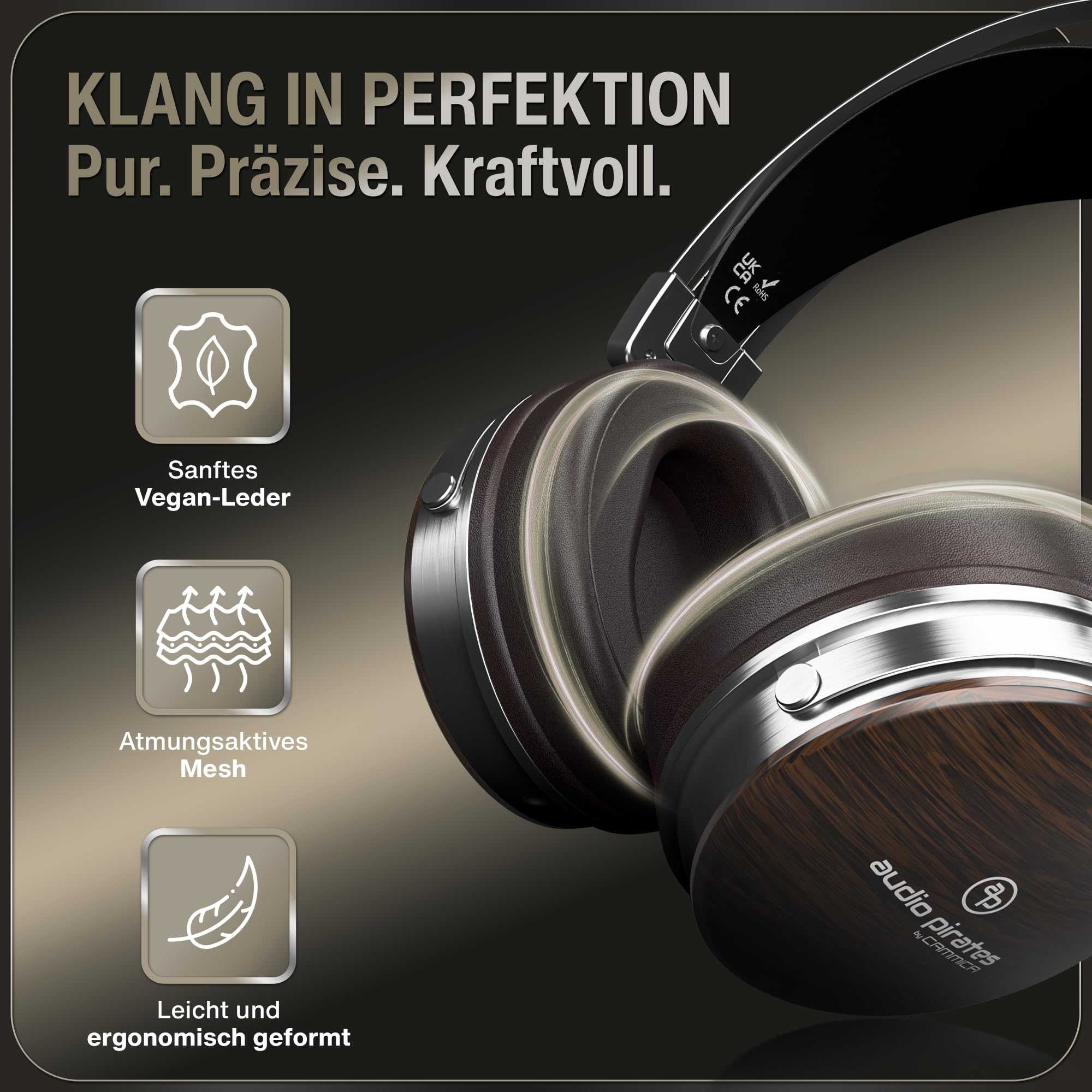 audio pirates Carlos Over-Ear HiFi-Kopfhörer aus Echtholz – Studio Monitor Kopfhörer kabelgebunden mit Mikrofon, inkl. Case, 1,5m & 3m Kabel, 6,3mm Adapter | Excellence Collection