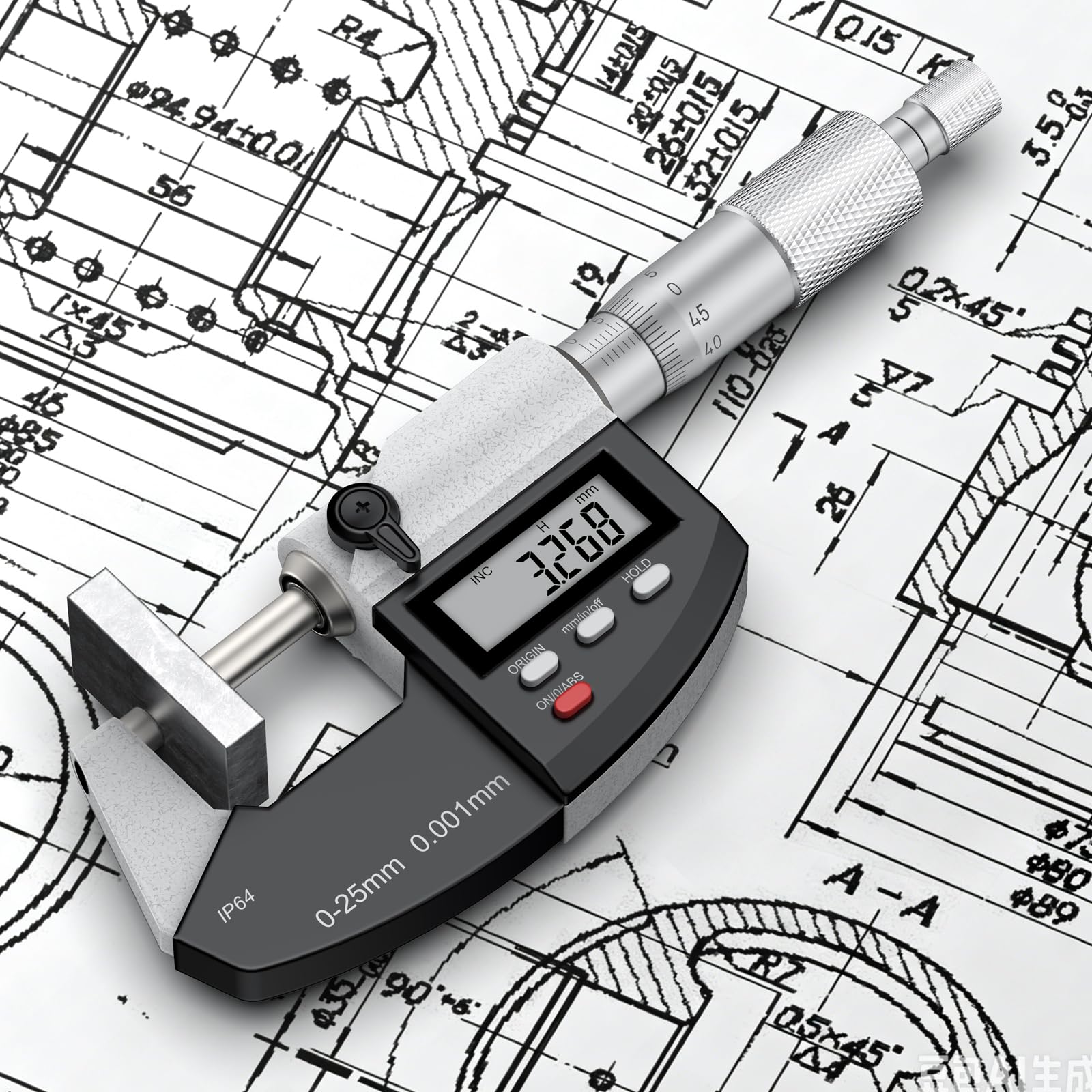 Digitale Bügelmessschraube 0-25 mm, Digital-Mikrometer Auflösung 0,001 mm, Zoll/mm-Umschaltung, Präzision 0,003 mm Genauigkeit, Dual-Mode-Mikrometer großes LCD-Display mit Schutzhülle.
