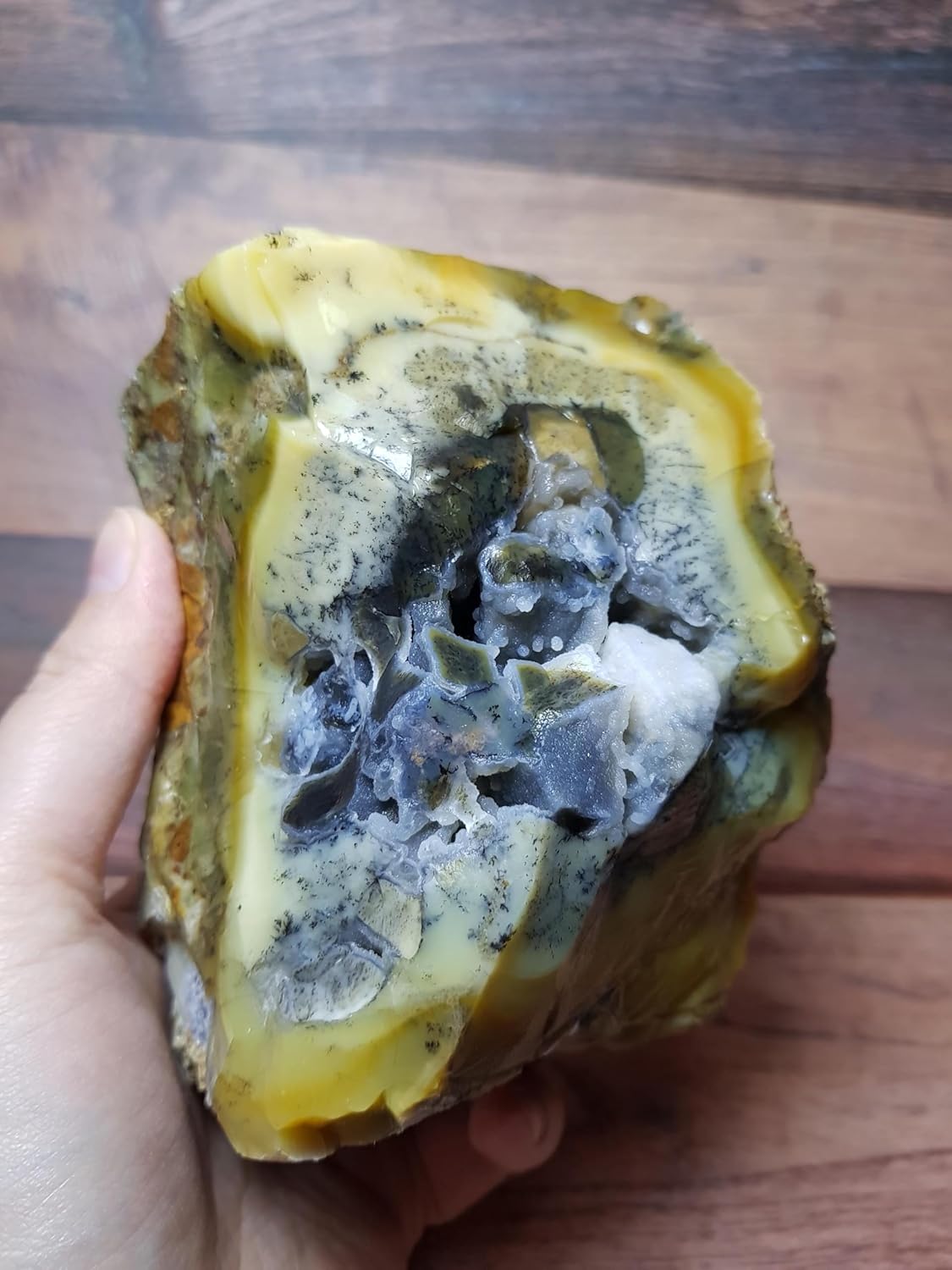 Large Dendritic Yellow Opal Geode with Blue Druzy Core | Natural Geode Section | Intuition, Insight