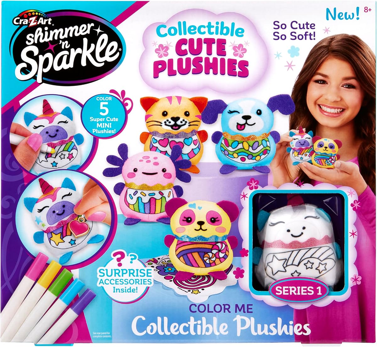 Cra-Z-Art Shimmer 'n Sparkle Color Me Collectible Mini Plushies | 5 Mini Plushies, Scented Markers Included, Color Your Own, Ages 6+, Arts & Crafts, Birthday Gift