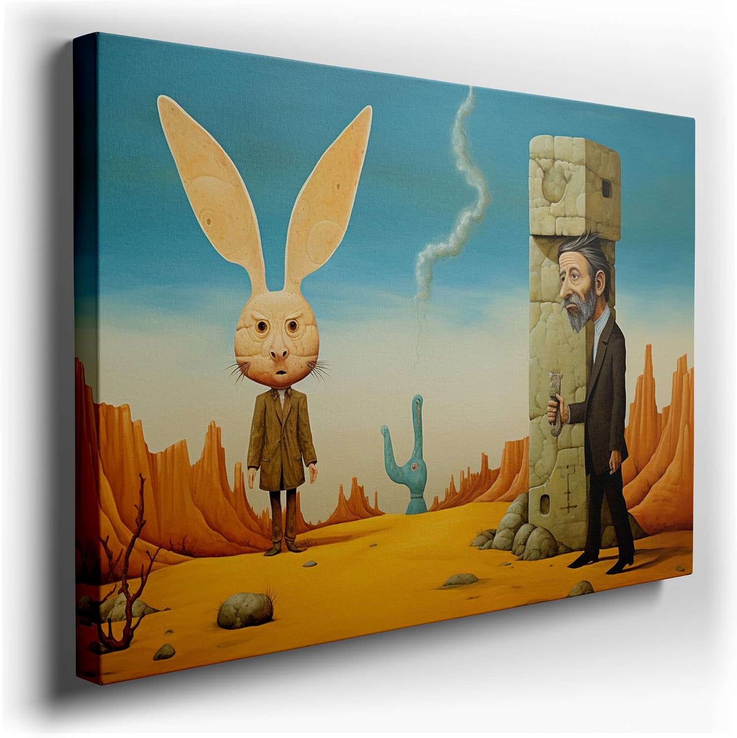 Canvas for Living Room. Mysteries in The Sands: The Encounter of The Rabbit-Headed Entity and The Scientist, 27 x 18 inch Canvas Wall Art - Flower Pattern - Modern Home Decor
