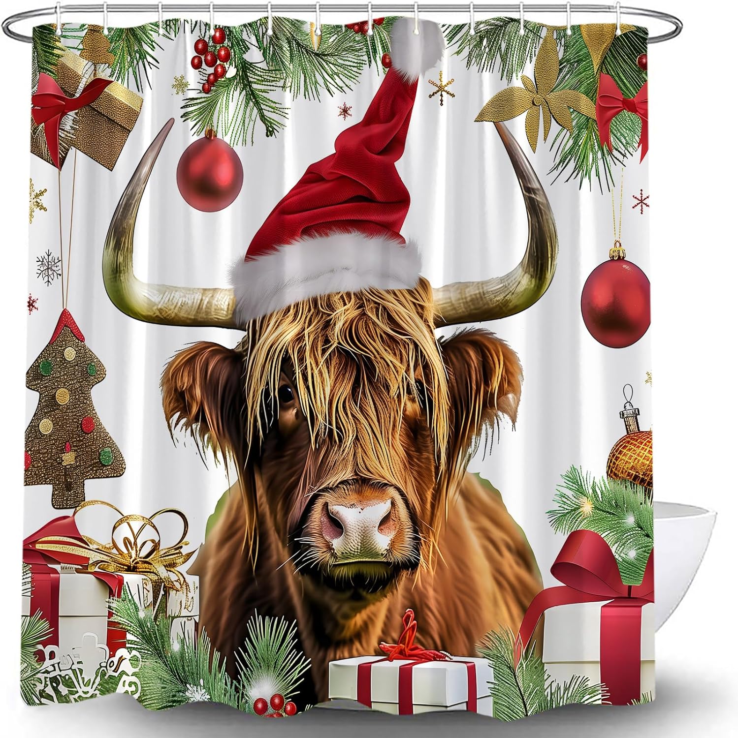 Highland Cow Christmas Shower Curtain Funny Animals Red Xmas Ball with Green Fir Twigs Rustic Winter Farmhouse Snow Decor Bathroom Curtain Set with Hook