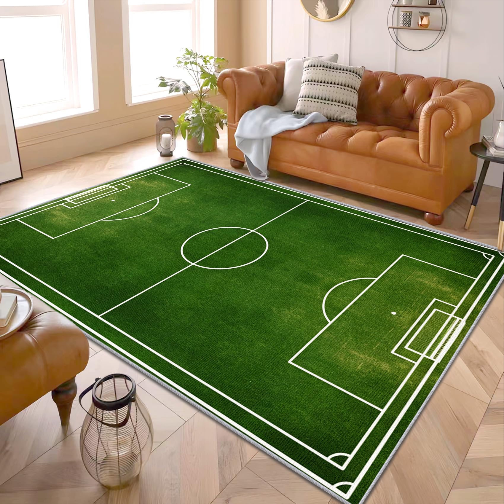 PaxGloz Soccer Field Rug - Green Football Field Rug, Boys Girls Sports Themed Rugs for Living Room Bedroom, Washable Non Slip Soft Small Carpet, Patterned Area Rugs & Home Decor 40x60 cm
