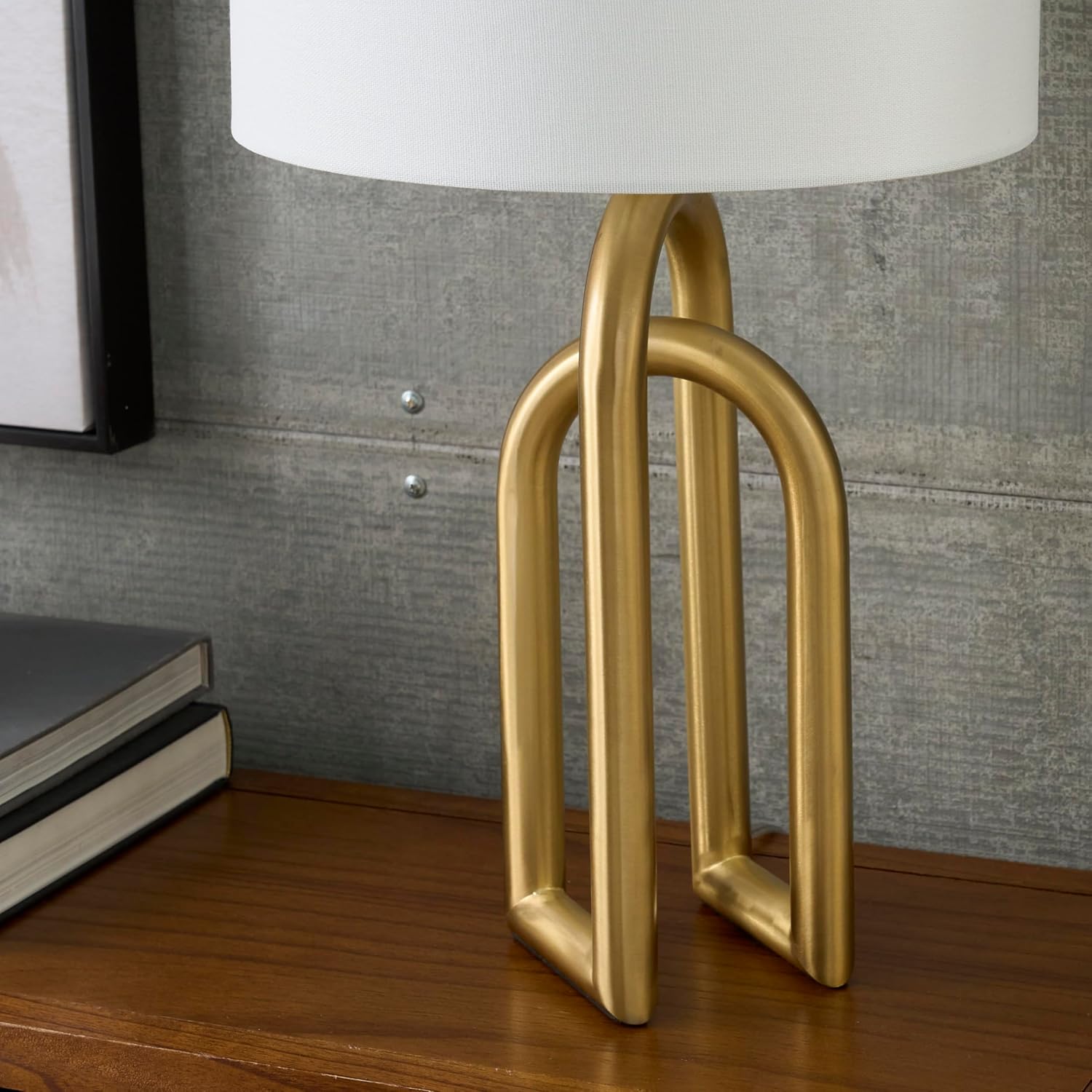 Nourison 23" Gold Brushed Metal Interlock Modern Table Lamp for Living Room, Bedroom, Bedside, Reading