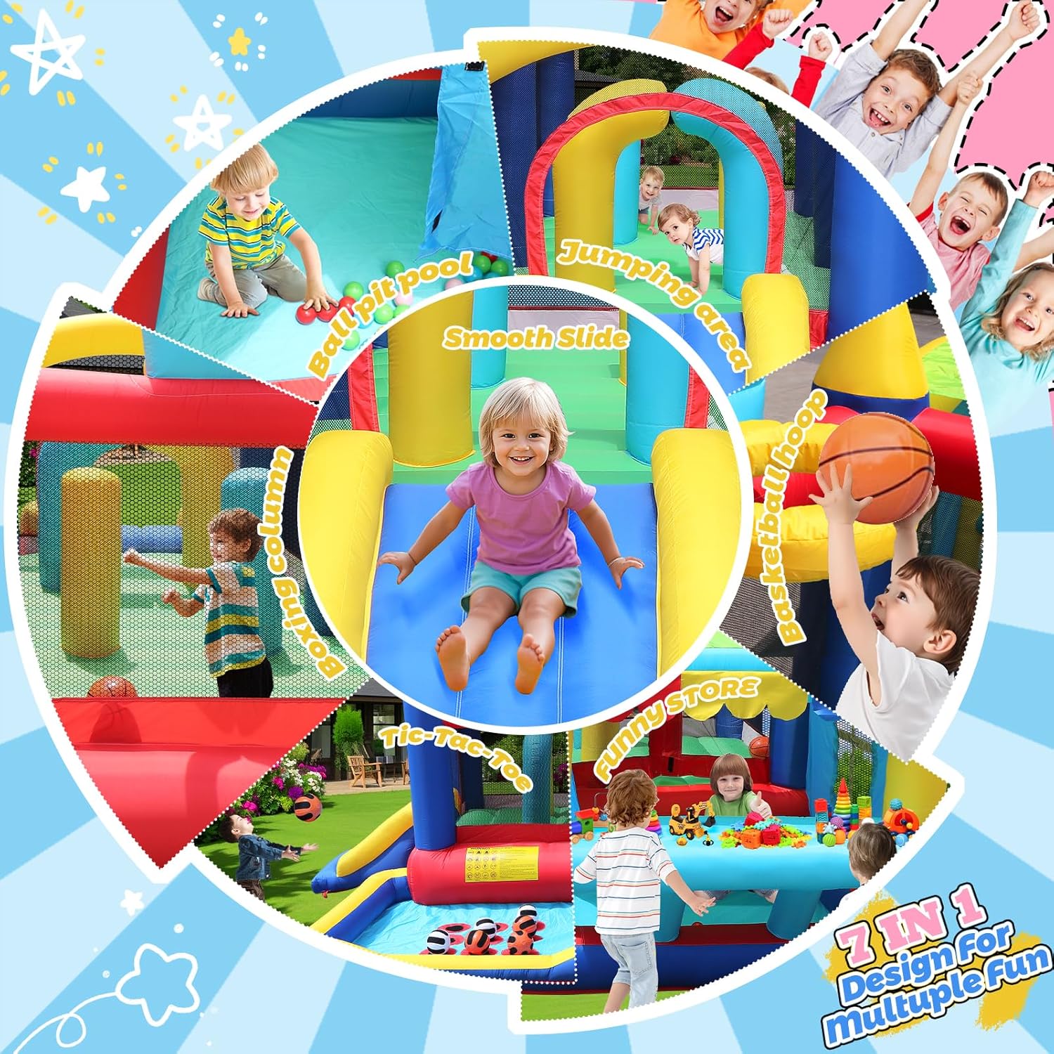 Inflatable Bounce House with Ball Pit, 7-in-1 Jump House with Blower, Shop, Backetball, Boxing, Tic-Tac-Toe, 13.4x10.5x6.1FT Bouncy Castle with Slide for Kids 3-10, Bouncer for Backyard Home Party
