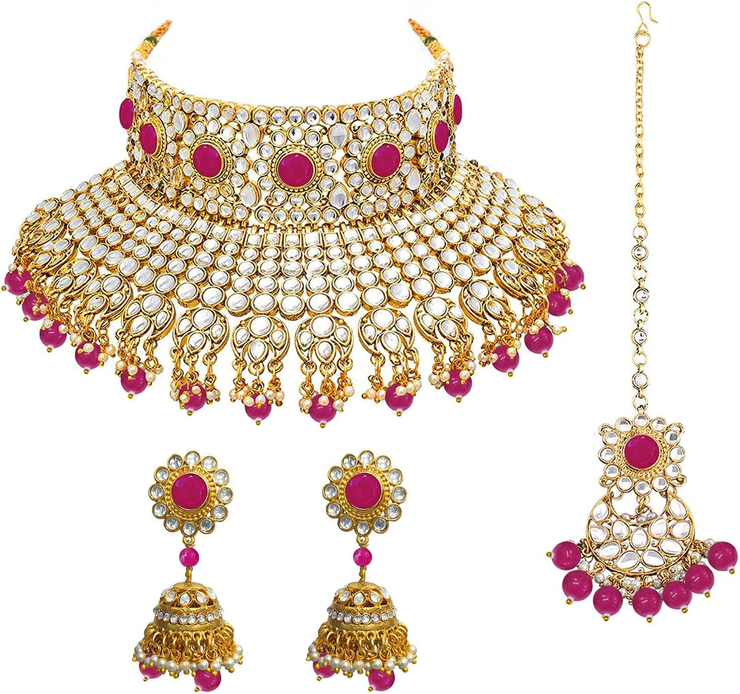 Aheli Ethnic Kundan Pearl Bridal Choker Necklace Earrings with Maang Tikka Gift for Women Indian Traditional Bollywood Fashion Jewelry Set