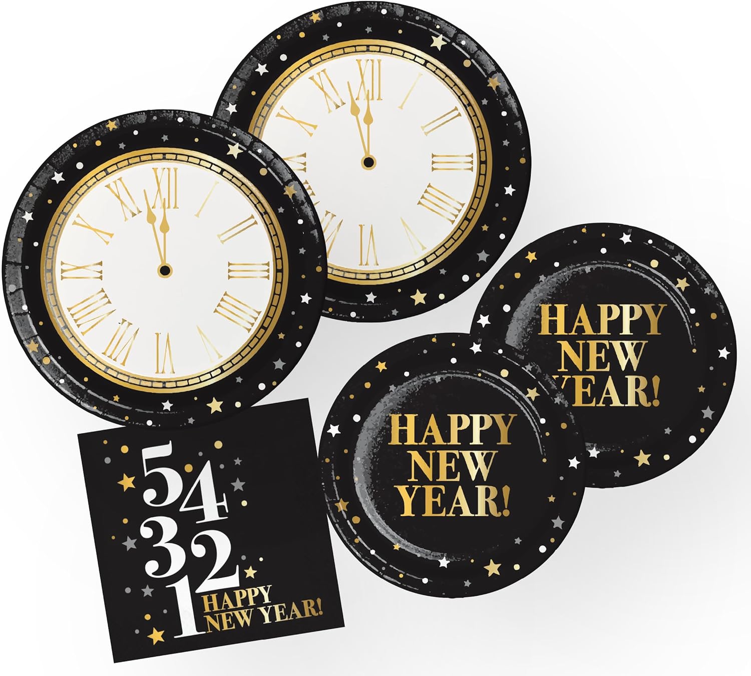 New Year's Party Pack, 16 Guests, Black/Gold, Clock Plates, Countdown Napkins