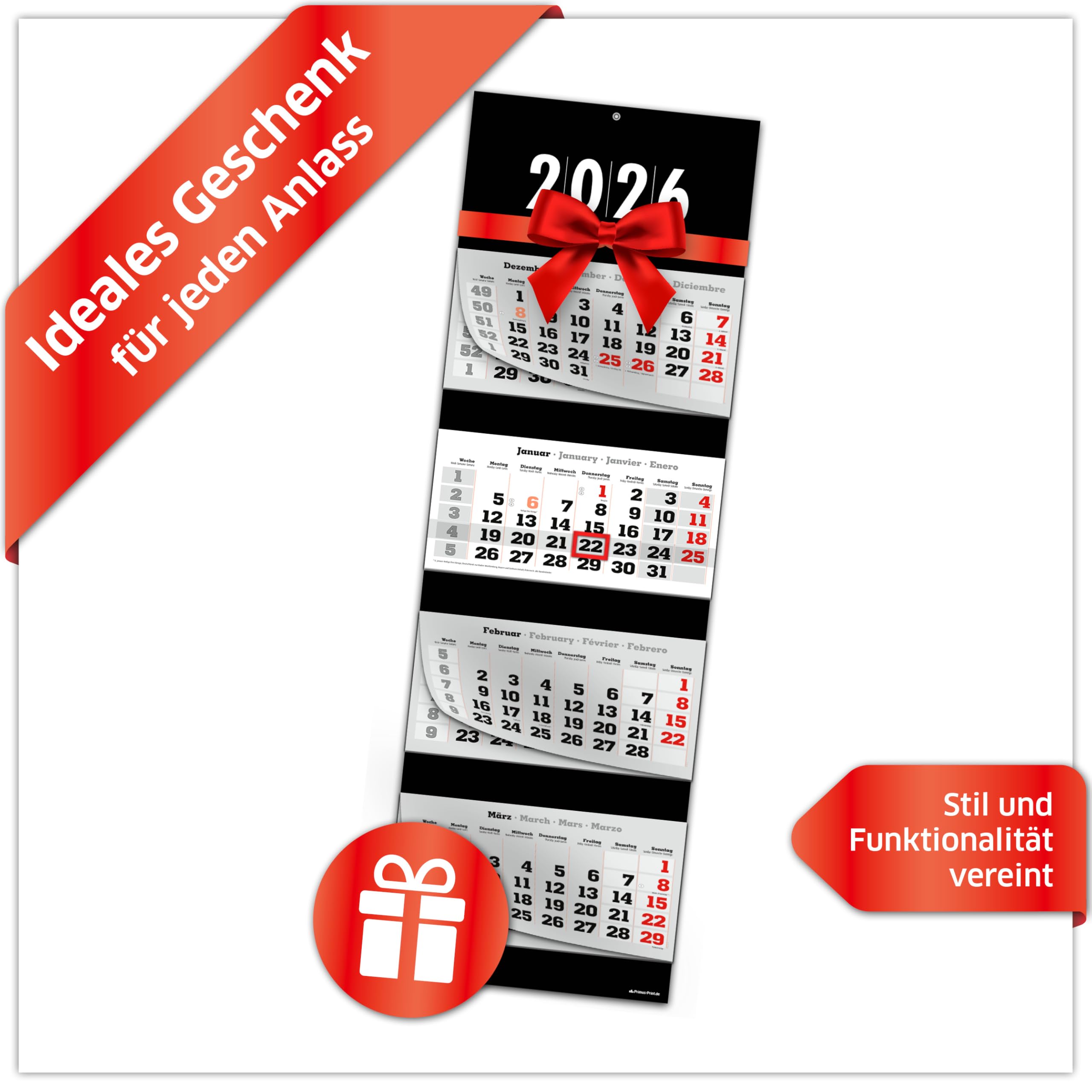PRIMUS PRINT Calendario XXL 2026 – Calendario de pared – Calendario de pared de 4 meses – con fecha deslizante, calendario para colgar, incluye días festivos y vacaciones, varios diseños – [1 x negro]