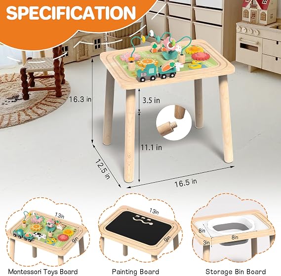Himold Activity Table for Kids 18 Months of Age and Over, 9 in 1 Wooden Montessori Toys with Bead Maze Shape Sorter Train Toy, Baby Sensory Table Toddler Toys 1st Birthday Gifts for Kids