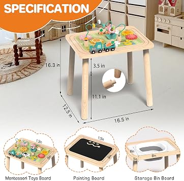 Himold Activity Table for Kids 18 Months of Age and Over, 9 in 1 Wooden Montessori Toys with Bead Maze Shape Sorter Train Toy, Baby Sensory Table Toddler Toys 1st Birthday Gifts for Kids