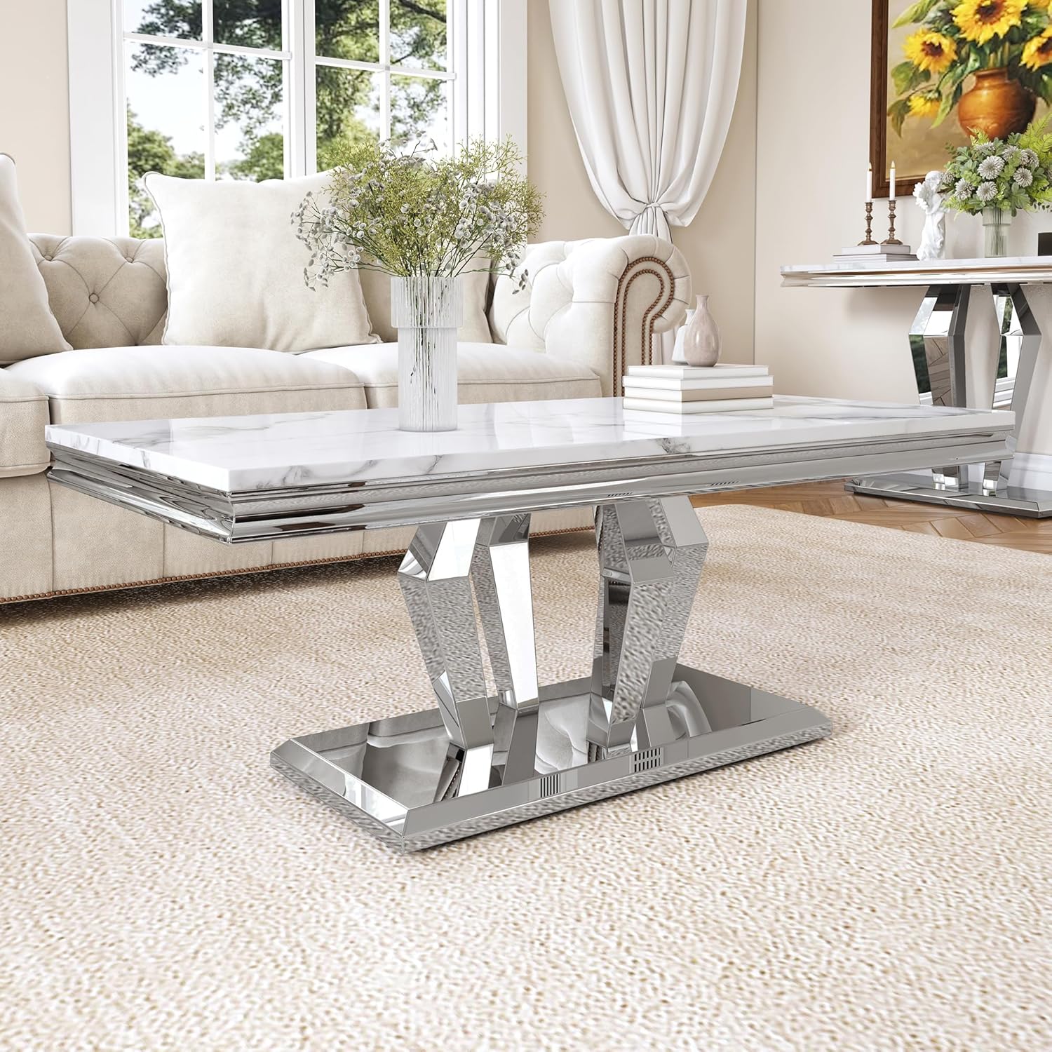 Modern Marble Coffee Table, 47" Living Room Table with Diamond-Shape Stainless Steel Base and Thickened Faux Marble Top for Living Room, Bedroom, Lounge (Gold,White)