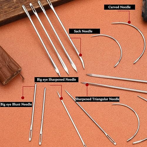 Miniatura 3 de Kit de costura resistente de 16 piezas, curvo, saco, agujas de mano, cunas de dedo para reparación de cuero, tapicería, alfombras y lienzos