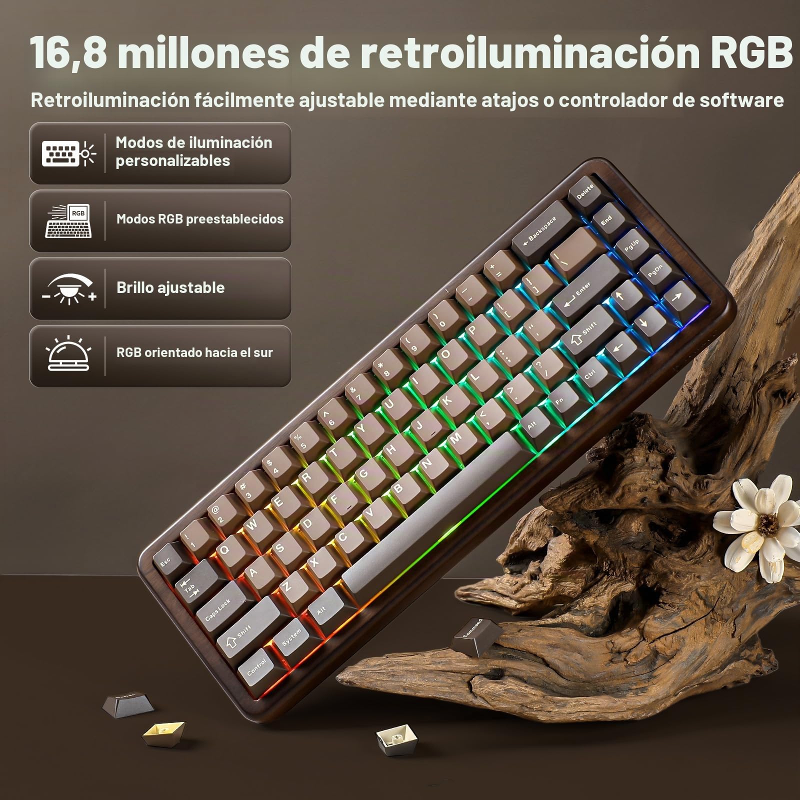 YUNZII WOOD68 Teclado Mecánico Inalámbrico 65% de Madera (Candy) | Bluetooth/2.4G/USB-C, Retroiluminación RGB, Montaje Tray, Hot-Swap con Teclas PBT Keyboard US ANSI para Mac/PC