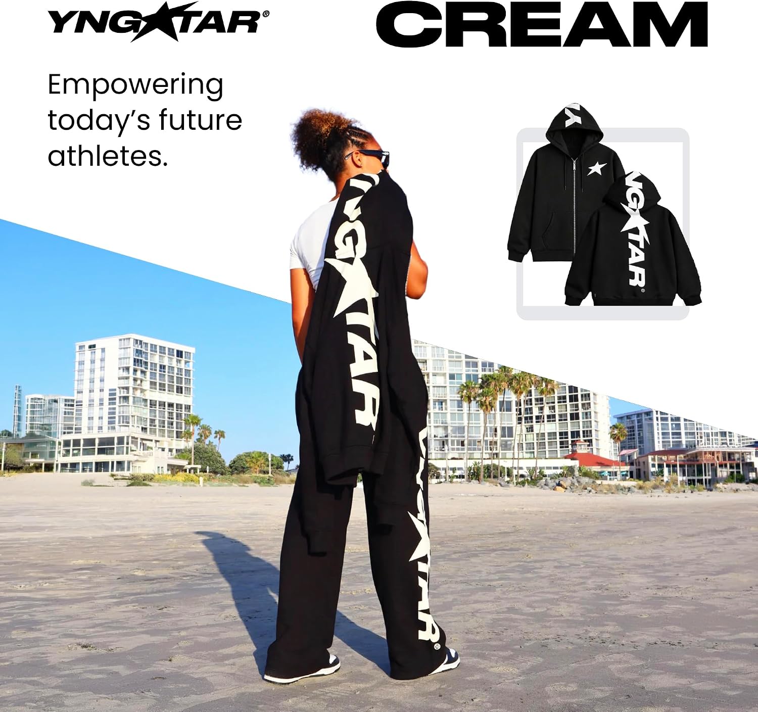 YNGSTAR Zip Hoodie in Cream, 100% French Terry Oversized RIRI Zip Hoodie with Kangaroo & Patch Pockets image 2