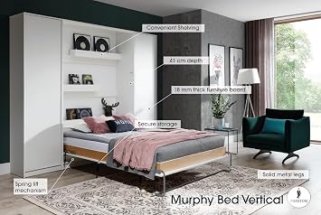 PHANTOM Vertical Murphy Bed BASIC 140x200 cm Fold Away Pull Out Bed with Storage Space Hidden Cabinet Bed White