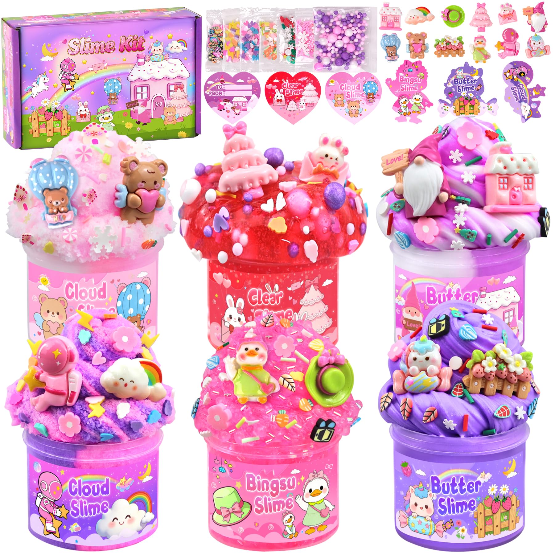 LAWOHO 6 Pack Pink Slimes, Clear Butter Cloud Slime kit for Girls & Boys, Non-Stick Slime for Kids Party Favors Toys with Cute Add-Ins, Birthday Easter Valentines Day Gifts for Kids Slime Making Kit