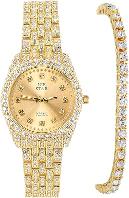 Techno Pave Womens Elegant 32mm Fully Iced Out Watch & Matching Bracelet Sets