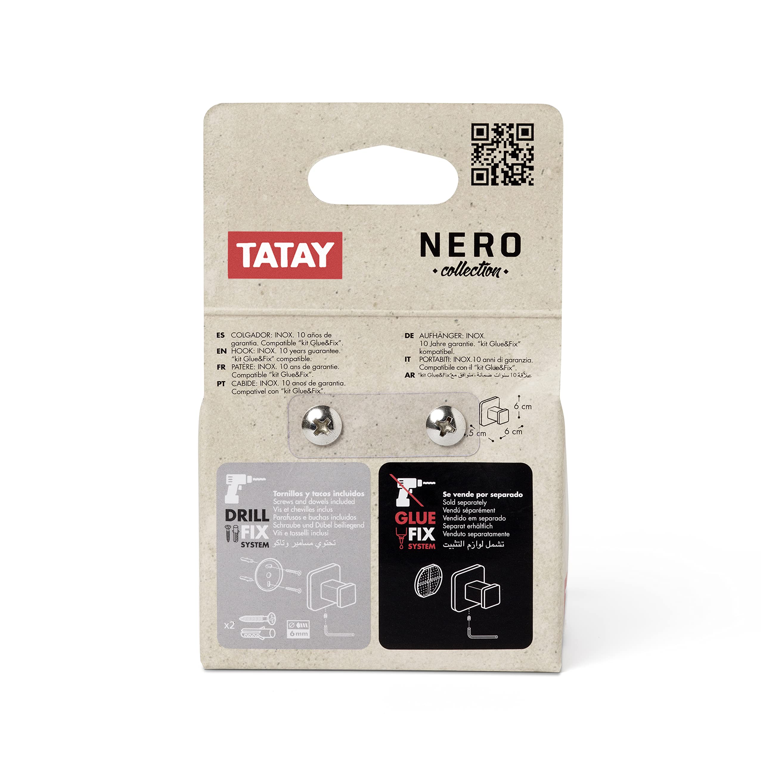 TATAY Colgador de baño, de la colección de Accesorios de baño Nero, Acero Inoxidable y Zamak, Doble Sistema de fijación con Tornillos y Glu Fix, hasta 10Kg, Colgador Negro. Medidas 6 x 4,6 x 6 cm