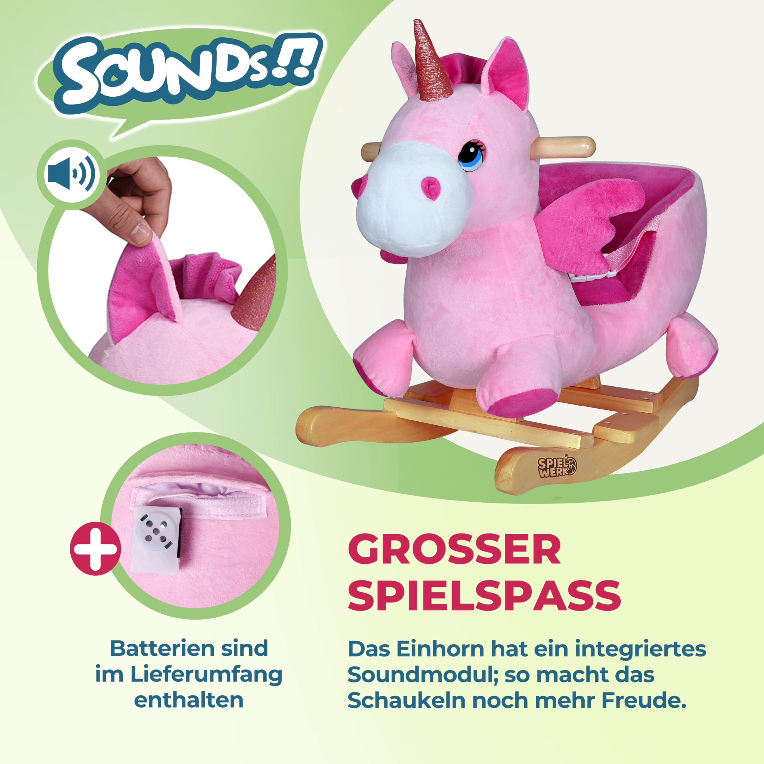 Deuba Spielwerk® Schaukeltier Einhorn inkl. Sound Effekt Sicherheitsgurt Plüsch Schaukel Wippe Kinder Baby Spielzeug Balancetraining besonders weich Schaukelpferd