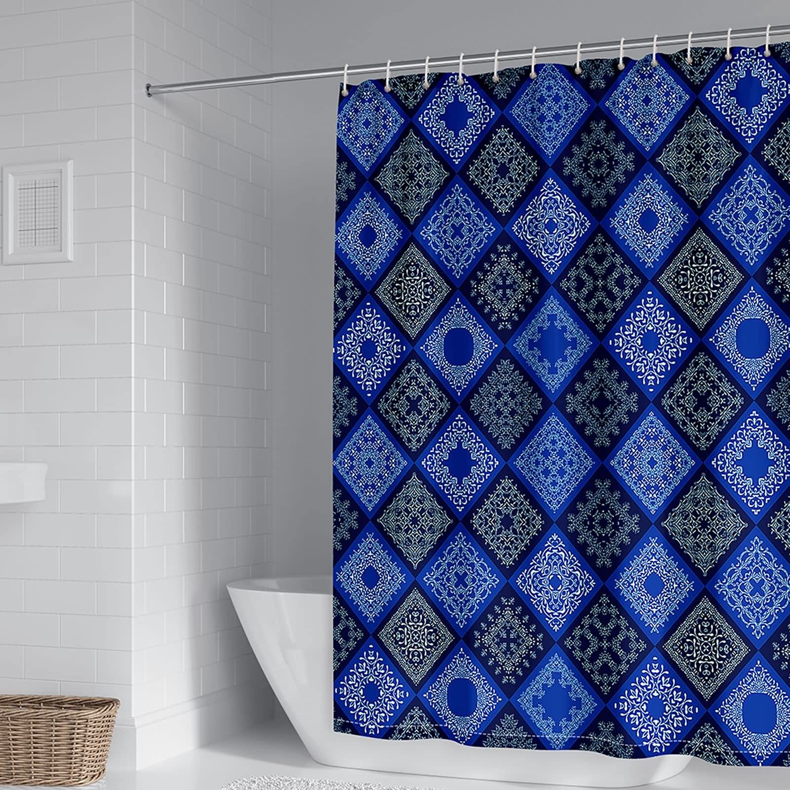 KnSam Rideau de Douche Polyester Carreaux Motif Floral Bleu Blanc Salle de Bain 150x200cm